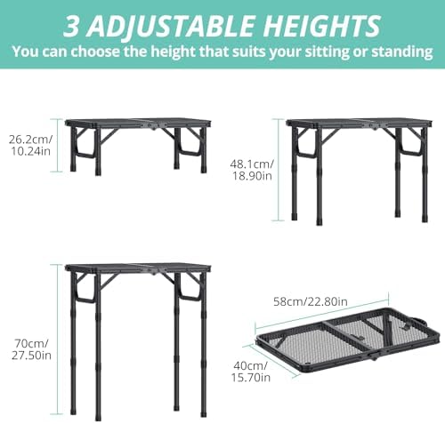 VINTEAM Camping Folding Grill Table | 3 Adjustable Heights | Lightweight, Portable Aluminum Table for BBQs, Picnic, and Outdoor Use | Mesh Desktop, 66lbs Weight Capacity - Image 2