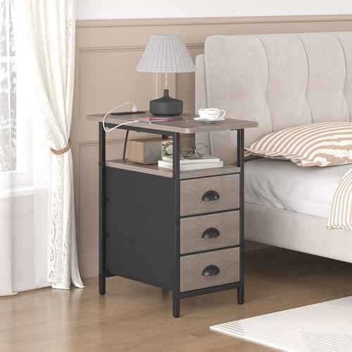 sthmec End Table with Charging Station, Side Tables Livingroom with USB Ports and Outlets,Narrow Nightstands Bedside Tables with 3 Drawers for Small Space,Slim Sofa Table Bedroom,Grey - Image 6