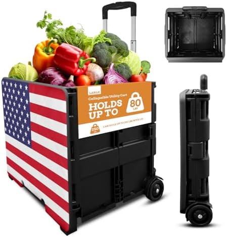 Inspired Living Collapsible Ultra-Slim Pack-N-Roll,2 Wheel Utility Cart w/Lid Used as Seat up to 250 Lbs, Telescopic Handle, Super Strong, for Home,Garden,Shopping,Office,School, Large, American Flag by Inspired+Living
