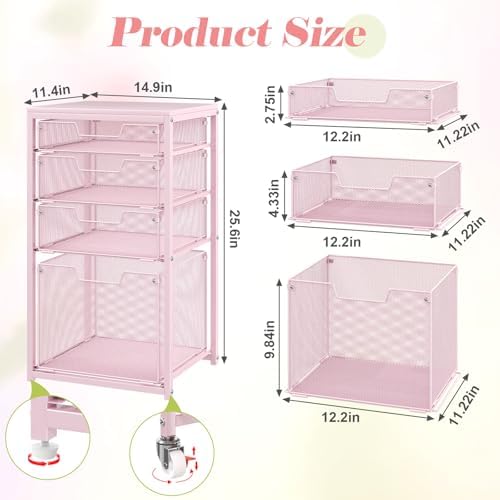Sbanmao 4 Drawer Rolling File Cart Under Desk Storage, File Cabinets for Home Office, Mobile Filing Cabinet, Hanging File Organizer with Wheels, Utility Cart Printer Stand, Pink - Image 3