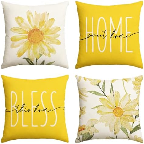 AVOIN colorlife Home Sweet Home Spring Summer Flowers Yellow Throw Pillow Covers, 20 x 20 Inch Cushion Case for Sofa Couch Set of 4 by AVOINcolorlife