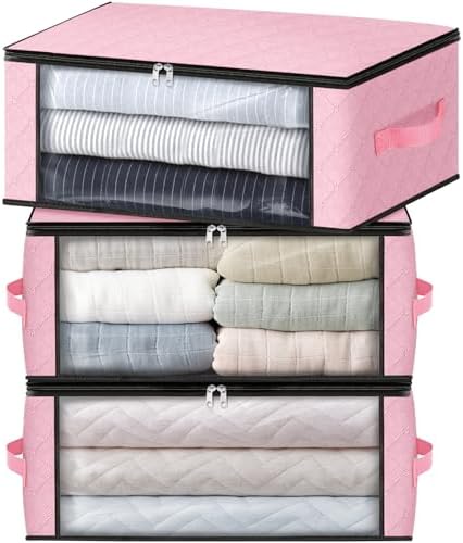HomeHacks 3-Pack Clothes Organizer Storage Bags, 35L Storage Bins, Pink by HomeHacks