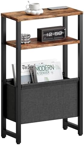 Narrow Side Table, Slim End Table with Magazine Rack, Skinny Bedside Table for Small Spaces, 3 Tier Sofa Couch Table Nightstand for Living Room, Bedroom, Rustic Brown LET503R by IRCPEN