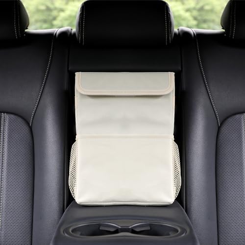 AOKJOY Car Garbage can with lid Leak Proof Vehicle Trash Can 3 Storage Pockets Hanging Waterproof car Trash Bag for SUV Beige - Image 3