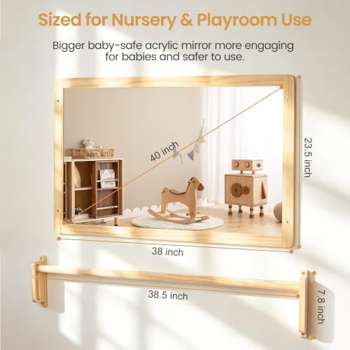 Montessori Mirror with Pull Up Bar, Large 38.2 x 23.6 in Natural Wood & Shatter-Resistant Acrylic Baby Mirror for Tummy Time, Horizontal/Vertical Floor Use, Wall Mounting and Pull-to-Stand - Image 5