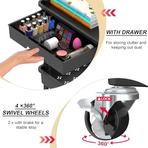 Goovilla 3 Tier Rolling Utility Cart Organizer with Removable Drawer, Black - Image 2