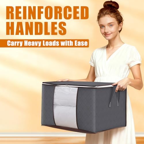 90L Large Foldable Storage Bags with Lids, 6 Pack - Closet Qrganizers and Storage Containers for Clothes, Blankets, Bedding | Reinforced Handles, Home Storage Bins, Gray - Image 6
