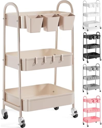 3 Tier Khaki Metal Utility Rolling Cart, Storage Cart with Lockable Wheels by Recximi