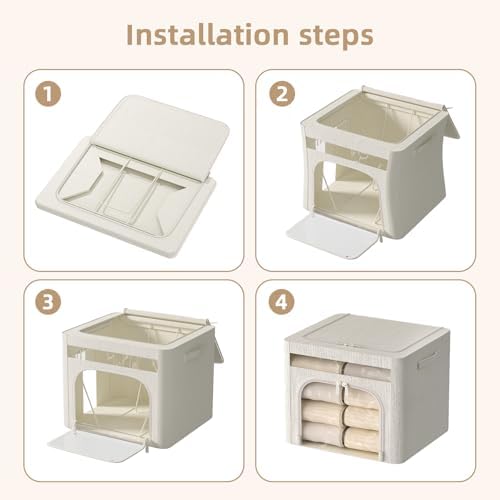 FHSQX 6 Pack Foldable Storage Bins for Clothes Clothes Storage Bins with Metal Frame Stackable Storage Box with Lid (Cream White, 19.7x15.7x13.8 inch (70L)) - Image 6