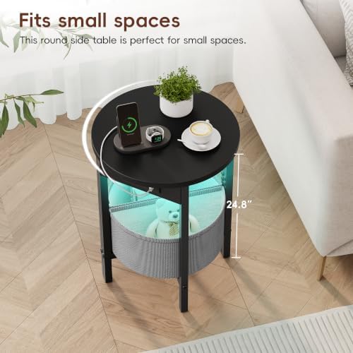 Vagusicc Round Side Table with Charging Station, Round End Table with Fabric Basket, Accent Table Coffee Table, Set of 2 Half Moon Tables, Bedside Table, Modern LED Nightstand for Living Room, Black - Image 4