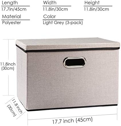 PRANDOM Large Foldable Storage Bins with Lids [3-Pack] linenFabric Decorative Storage Boxes Organizer Containers Baskets Cube with Handles Divider for Bedroom Closet Office Light Grey(17.7x11.8x11.8) - Image 6