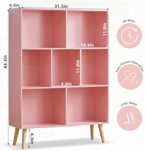 YAHARBO Light Pink Bookshelf,3 Tier Book Shelf with Legs, 7 Cube Minimalist Bookcase,Storage Organizer Shelves Display Bookcases for Bedroom,Living Room - Image 2
