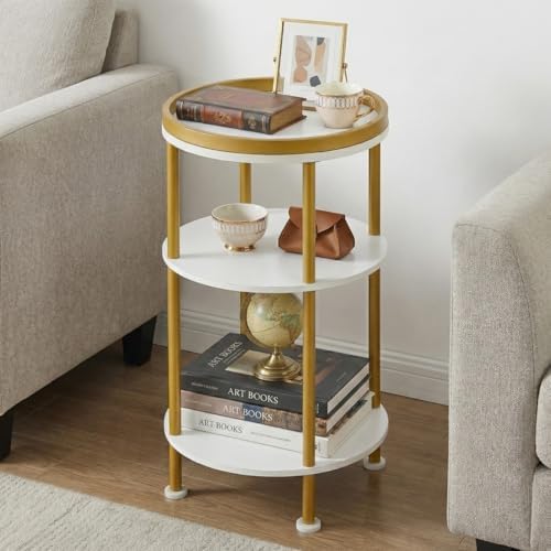Small Round Side Table, White & Gold, 3-Tier Modern Side Table - Image 6