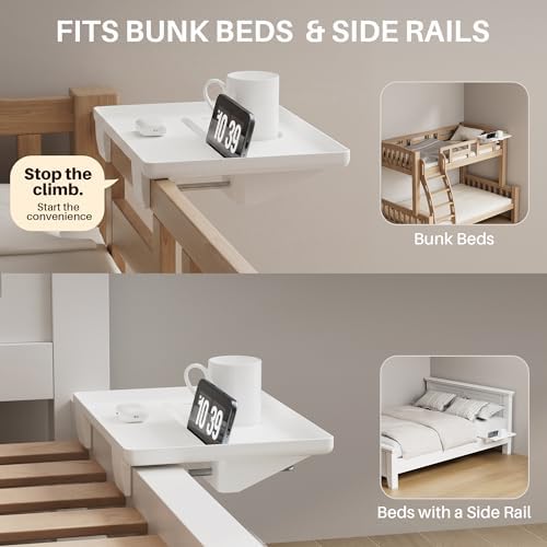 JOYMOOP Clip-On Bedside Shelf for Bunk Beds, Dorm Room Essentials, Bedside Caddy, No-Tool Install Bed Side Table Storage for Loft, Platform Beds, Nightstand Caddy for Phone, Glasses, Book (White) - Image 4