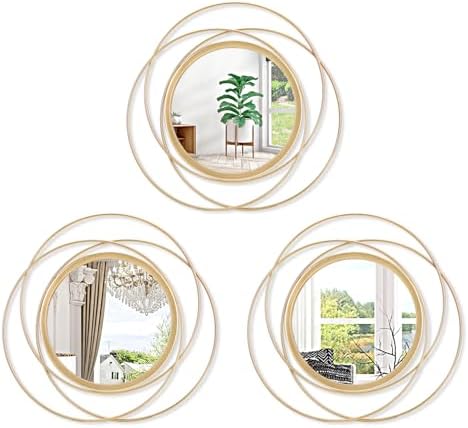 3 Set Gold Circle Mirrors for Wall Decor - Metal Art Small Round Mirror Sets - Hanging Wall Sculpture for Bedroom, Living Room, Entryway 12'' by HLFMVWE