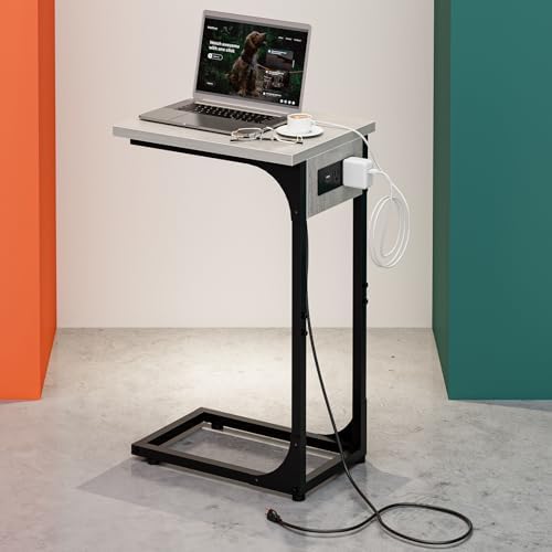 C-Shaped Side Table for Couch - Small Coffee Stand Sofa Tray Desk with Metal Frame Waterproof Scratch Resistant Wood Top and Built-in Charging Station, Greige by RISWER