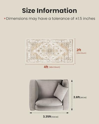 AMADA HOMEFURNISHING 2x4 Washable Area Rug, Low-Profile Entryway Rug with Non-Slip Backing & Durable Edge Binding, Vintage Rug Pattern, Small Rugs for Entryway, Kitchen & Living Room - Image 2