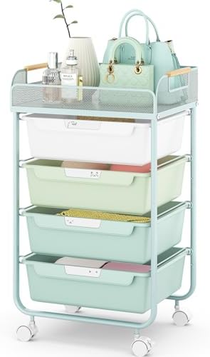 SYKIARIOL 4-Drawer Rolling Storage Cart with Mesh Top,Green by SYKIARIOL