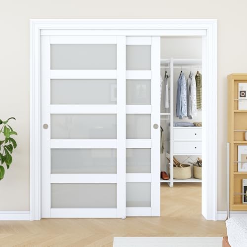 Sliding Closet Door 72"x80", 5 Lite Frosted Glass Door, Need to Assemble by AINLARRY