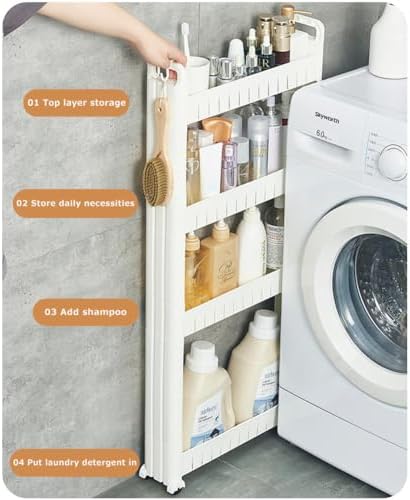 3.54 Slim Storage Cart Durable Bathroom Organizer Slide Out Storage Cart Rolling Utility Cart Slide Out Organizer Narrow Shelf Rack for Kitchen Bathroom Study Office - Image 6