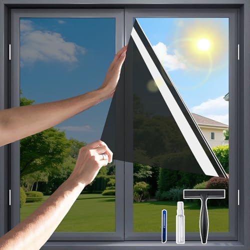 One Way Privacy Window Film，Flueen Shatterproof PET Window Tint for Heat Control & 99% UV Protection Blackout Window Treatment for Home, Office Doors with Eco-Adhesive Nocturnal Black 27.6"×78.7" by Flueen