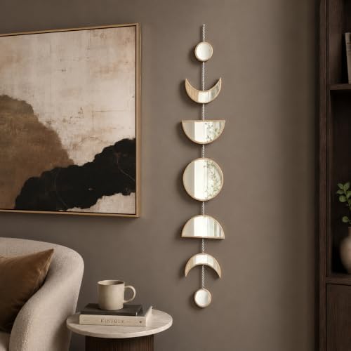 7 Pcs Gothic Witchy Moon Phase Wall Decor, Acrylic Mirror Wooden Backboard, Celestial Boho Hanging Wall Art for Home Bedroom Decor - Image 5
