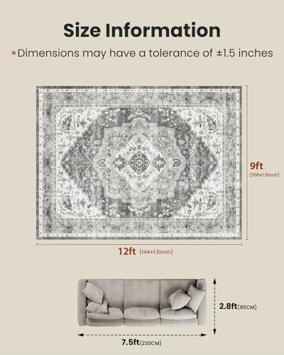 AMADA HOMEFURNISHING 9x12 Area Rug, Washable Low-Profile Large Area Rug with Non-Slip Backing & Durable Edge Binding, Vintage Large Rugs for Living Room, Bedroom - Image 2