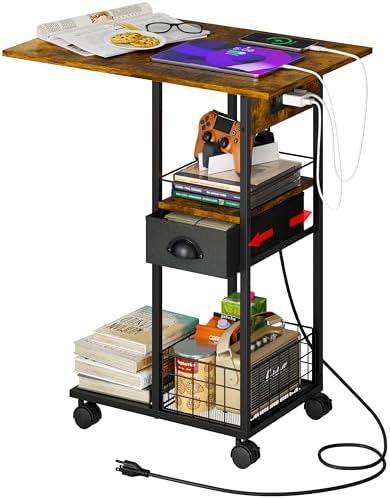 Rolling C-Shaped Side Table with Charging Station, Night Stand with Type-C & USB Port and Outlet for Bedroom, Spacious Coffee Table with Wheels for Living Room, Home Office, Small Space(Large Desktop) by Sonyabecca