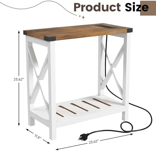 Hadulcet Farmhouse Side Table with Storage Shelf - Narrow End Table with Charging Station, Slim End Tables Living Room, Rustic X-Design Nightstand for Bedroom, Small Space, White & Brown - Image 2