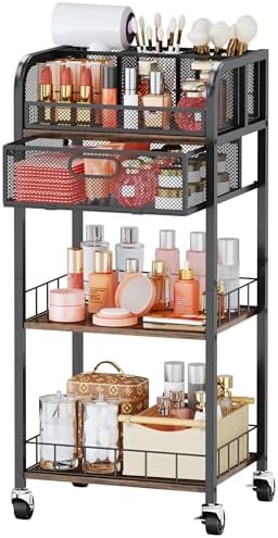 HapiRm Makeup Organizer Storage Cart - 4 Tier Skincare Make Up Storage with Drawer, Rolling Makeup Cart Vanity Organizer Cosmetics Display Cases Holder for Skin Care Perfume Nail Polish Brush by HapiRm