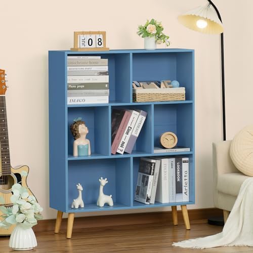 YAHARBO 7 Cube Bookshelf, Blue Kids Book Shelf with Cubby Storage,Wooden Modern Bookcase with Legs,3 Tier Freestanding Display Book Case,Children Toy Organizer,Bookshelves for Office,Nursery,Playroom - Image 4