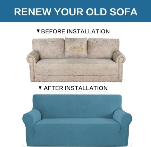 H.VERSAILTEX Stretch Couch Covers for Sofa 1 Piece Slipcovers for Couch and Sofas 3 Seater Couch Cover Feature Thick Checked Jacquard Fabric with Elastic Bottom(Large Sofa 90"-100" Wide, Storm Blue) - Image 6
