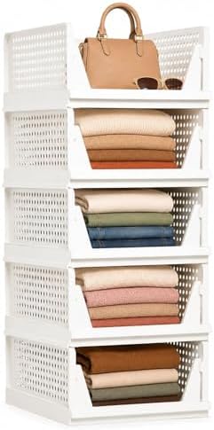 5 Pack Stackable Closet Storage Basket - Stackable Storage Bins, Multifunctional & Foldable Closet Organizer Waterproof, bathroom cabinet organizer,rv closet shelves, white stackable storage bins - Image 3