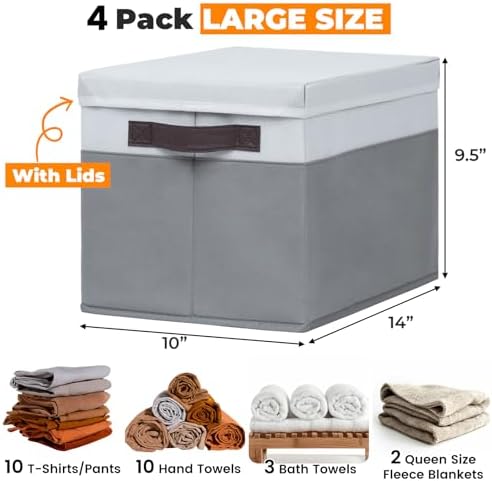 Large Closet Storage Baskets Bins with Lids 4 Pack, Storage Baskets for Organizing Shelves Nursery Bedroom, Home Dorm Closet Organizers Cubes for Clothes Toys Blanket Book - Stackable -14x10x9.5 - Image 2