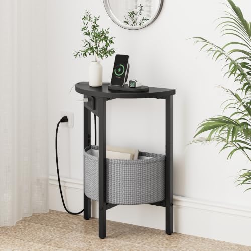 VAGUSICC Round Side Table with Charging Station, Small Round Accent End Table with Fabric Basket, Set of 2 Half Moon Tables Coffee Table, Bedside Table, Modern Nightstand for Living Room Bedroom,Black - Image 2