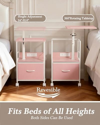 Faesun Swivel Lift Top Nightstand with Charging Station, Rolling Side Table for Recliner, Bedside Table with Wheels & a Fabric Drawer, for Small Spaces, for Bedroom, Living Room, Pink - Image 4