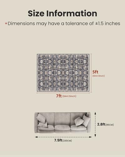 AMADA HOMEFURNISHING 5x7 Area Rugs, Washable Living Room Rug Low-Profile with Non-Slip Backing & Durable Edge Binding, Vintage 5x7 Rugs for Living Room, Bedroom, Dining Room - Image 2