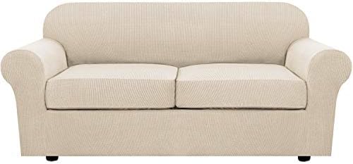 H.VERSAILTEX 3 Piece Stretch Sofa Covers for 2 Cushion Sofa Couch Covers for Living Room Sofa Slipcovers (Base Cover Plus 2 Seat Cushion Covers) Thicker Jacquard Fabric(Large Sofa, Natural) by HVERSAILTEX