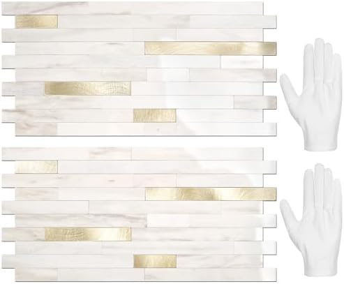 STICKGOO 20 Sheets Peel and Stick Backsplash Tile, Stick on Backsplash for Kitchen and Bathroom, Glossy Eurasian Wood Grain PVC Mixed Metal Gold Self Adhesive Wall Tiles by STICKGOO