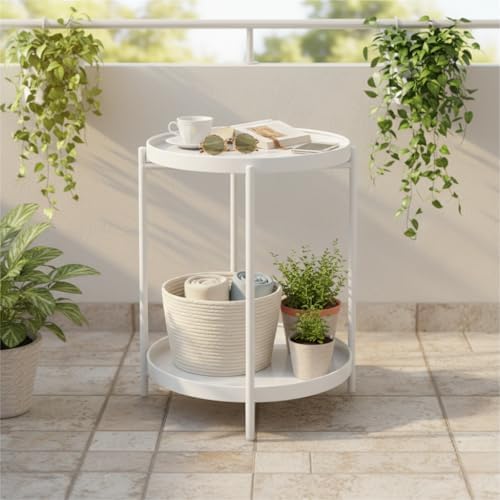 Danpinera 2 Tier Metal Side Table with Removable Tray - Round Accent Table, Anti-Rust White Nightstand for Bedroom, Balcony, Patio - Image 2