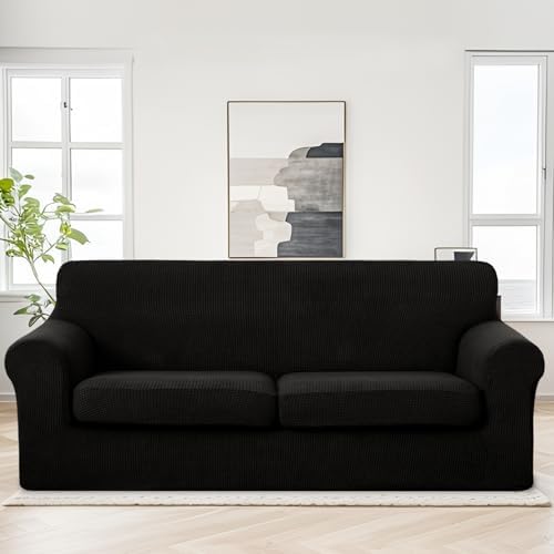 U-NICE HOME 3 Pieces Stretch Couch Cover Sofa Slipcover, Black - Image 2
