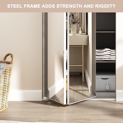 JUBEST Bi Fold Mirror Closet Door with White Steel Frame, Bifolding Mirrored Doors for 24in. x 81in. Door Opening, Hardwares Include, Easy to Install - Image 4
