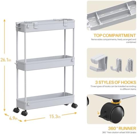 SPACELEAD Slim Storage Cart 3 Tier,Bathroom Organizer Rolling Utility,Mobile Shelving Unit Slide Out for Office, Kitchen, Laundry Room & Narrow Places,Gray - Image 4