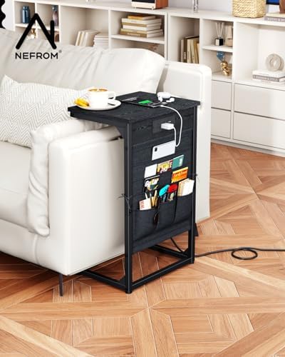 C-Shaped End Table with Fast-Charging Station, Small Couch Side Table with Storage Bag, Sofa TV Tray Table for Living Room, Bedroom, Bedside ET-BK-W1 - Image 5