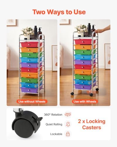 VEVOR Rolling Cart with Drawers, 10 Drawer Storage Organizer, Mobile Utility Cart with Steel Frame, Universal Casters & 2 Brakes, Great for Office, Classroom, Craft Tools, Garage, Studio, Rainbow - Image 3