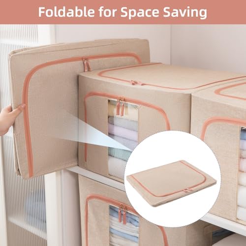 GuliPostan 3 Pack 24L Stackable Clothes Storage Bins with Metal Frame Handles & Zipper, Collapsible Closet Organizer Box with Lid for Bedding Blankets Towel (Beige) - Image 4