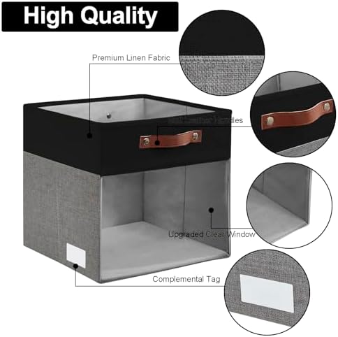 Bagnizer Storage Cubes, 4 Pack Linen Foldable Storage Bins (13 x 13 inch) with Clear Window and Handles, Fabric Organizer for Shelf Closet, Clothes, Books - (Gray and Black) - Image 4