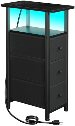 LOAKEKEL Narrow End Table with Charging Station, Small Nightstand by LOAKEKEL