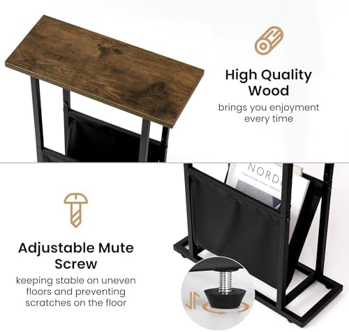 Acovy Narrow Side Table for Small Place,Metal Table with PU Leather Bag,Slim Nightstand for Reading Or Storage,Sofa Side Table for Living Room,Bedroom,Brown - Image 5