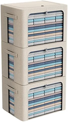 CYhom 3Pack Foldable Storage Bins - Frame Storage Box Linen Fabric Stackable Clothes Container Organizer with Clear Window & Carry Handles Large Capacity (Extra Large-100L, Beige) by CYhom
